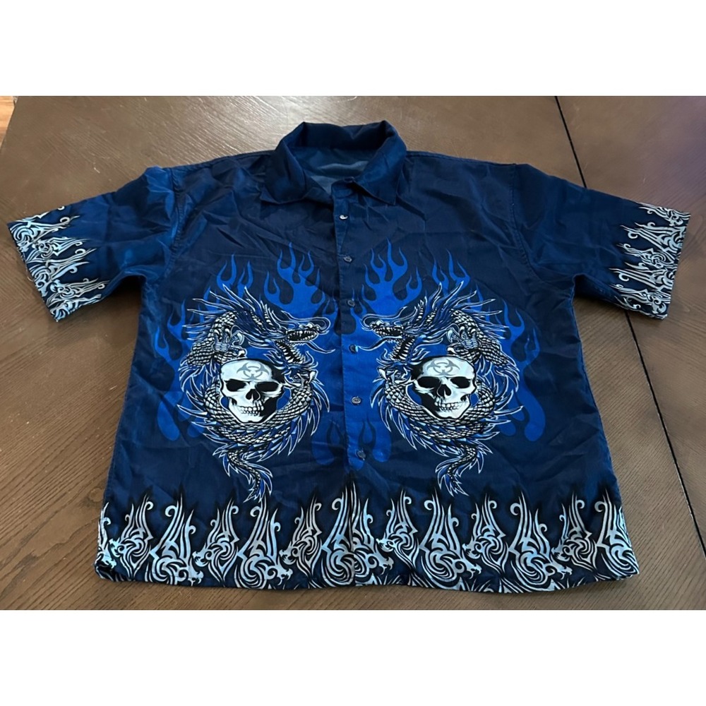 Vintage 90s Y2k Tribal Skull Dragon Flames Black & Blue‎ Fire Edgy Shirt Emo